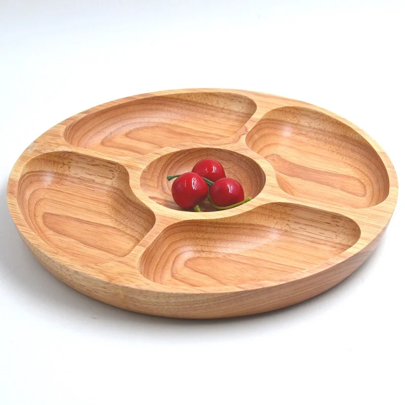 5 Lattices Round Wooden Snack Plate Family Fruit Dessert Dish Home Party Wood Gift Tray W9132