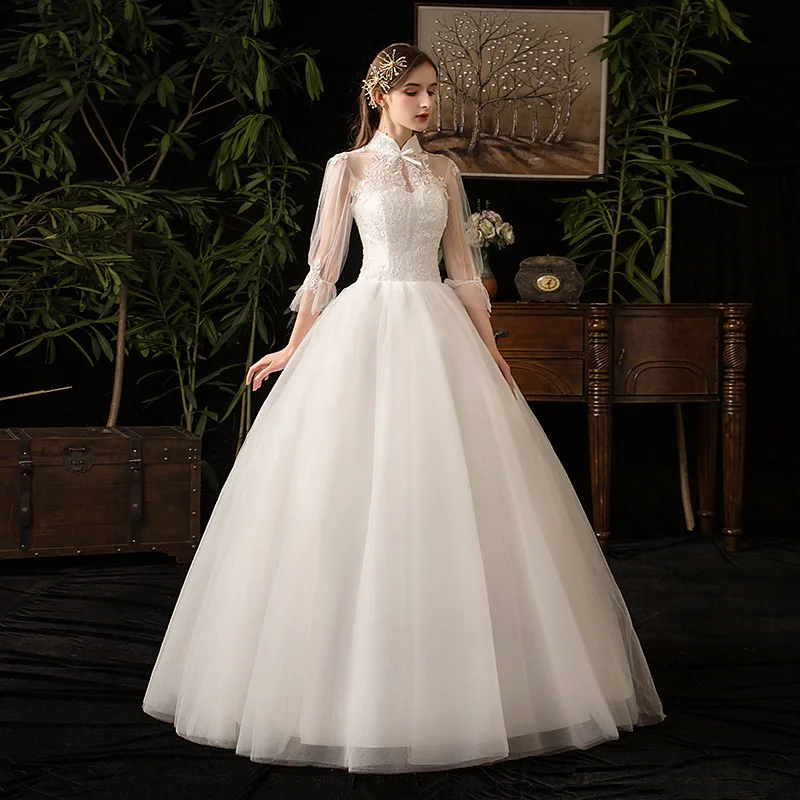 Vestido De novia De manga tres cuartos con cuello alto, apliques De encaje sexys De talla grande, vestido De novia Vintage personalizado, novedad De 2024