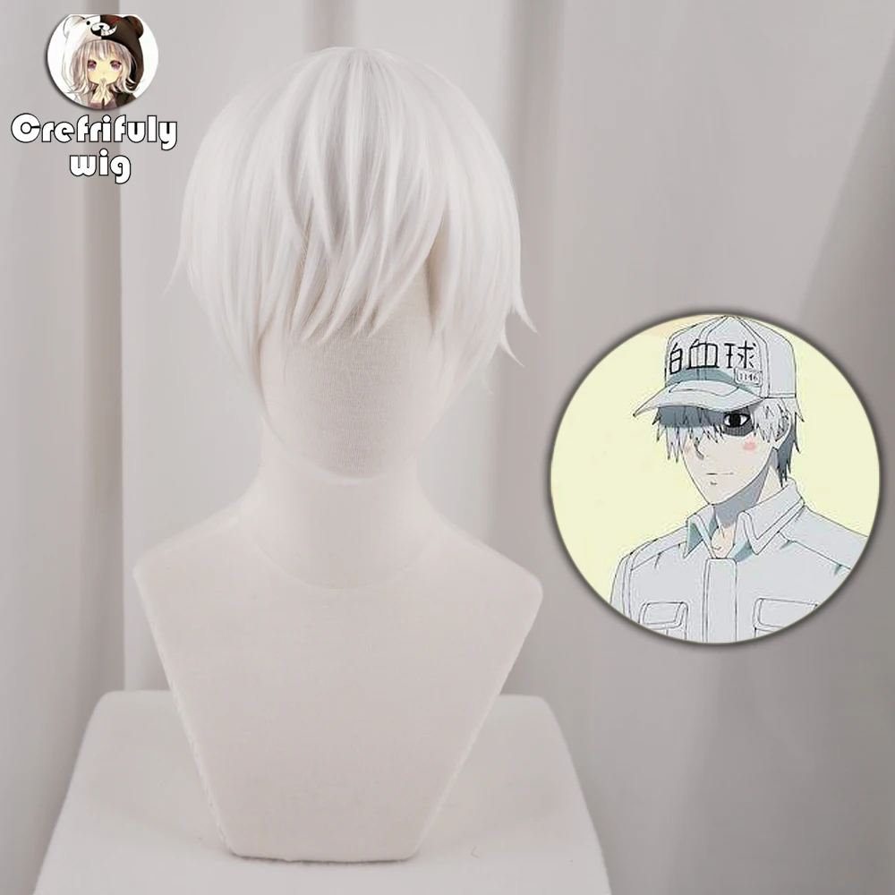 

Cells at Work White Blood Cell Short Cosplay Wig Synthetic Hair Halloween Costume Hakkekkyuu Party Anime Wigs + Wig Cap