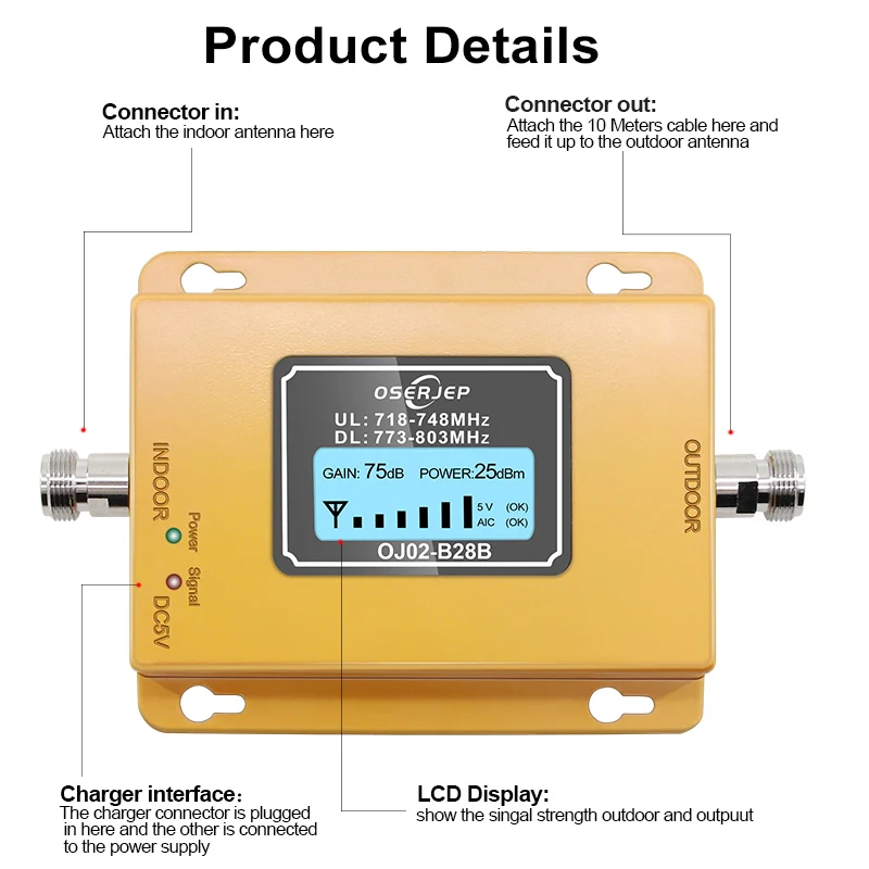 70dB LCD LTE 700MHz B28B 4G Cell phone Signal Booster Repeater not include antenna