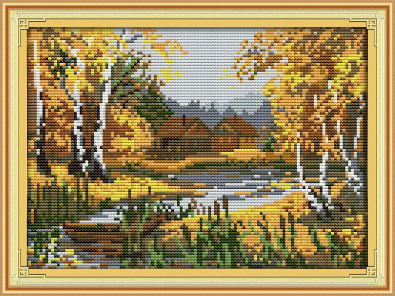 Birches stream cross stitch kit lanscape garden 14ct 18ct count canvas stitching embroidery handmade plus