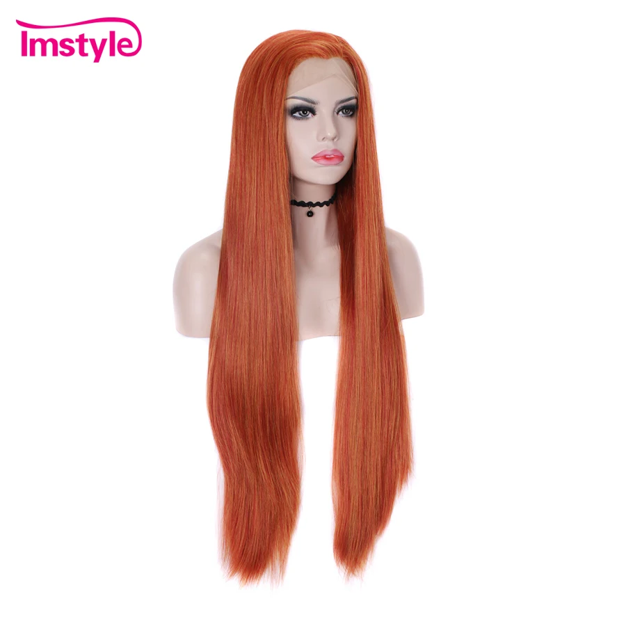 Imstyle Ginger Synthetic Lace Front Wig Long Straight Hair Orange Wigs For Women Heat Resistant Fiber Natural Hair Cosplay