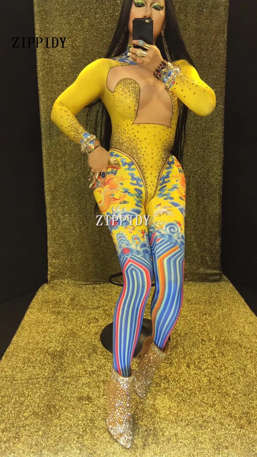 Macacão chinês estampado com pedras brilhantes, sexy, amarelo com strass, roupa de palco para cantoras, uma peça