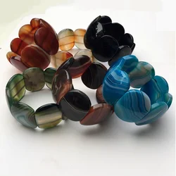 Natural Polished Oval Agate Hand Plate Chunky Banded Stone 30mm Wide Elastic Stretch Bracelet Boho Crystal Jewelry For Women