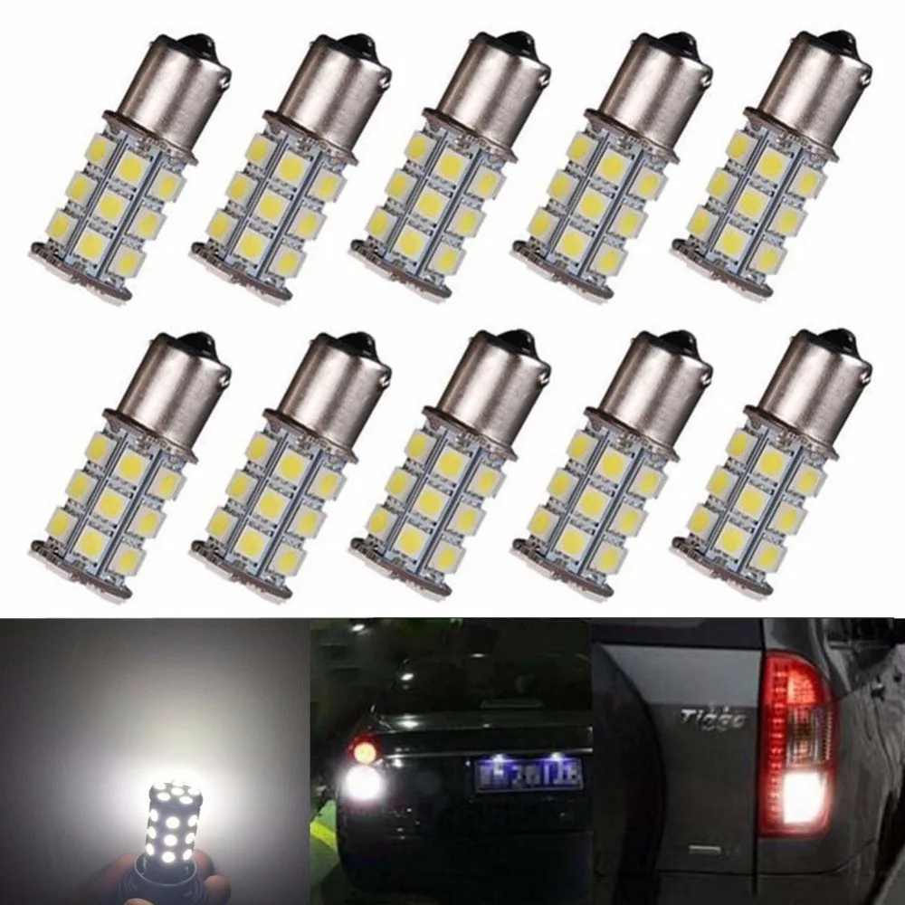 10Pcs Car RV 1156 BA15S 1141 1003 7506 27-SMD 5050 Turn Signal Reverse Backup White LED Light bulb