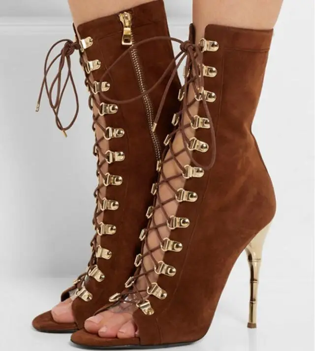 

2017 Summer New Women Brown Green Black Nude Gladiator Cuts Out Sexy Bamboo Heel Peep Toe Mid-calf Short Boots Booties