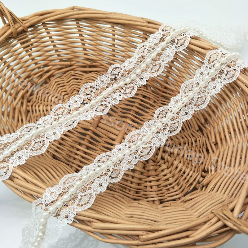 5 yard 3cm  Vintage Style Lace Pearl Ribbon Trim Bridal Wedding (Ivory)  5BB5490