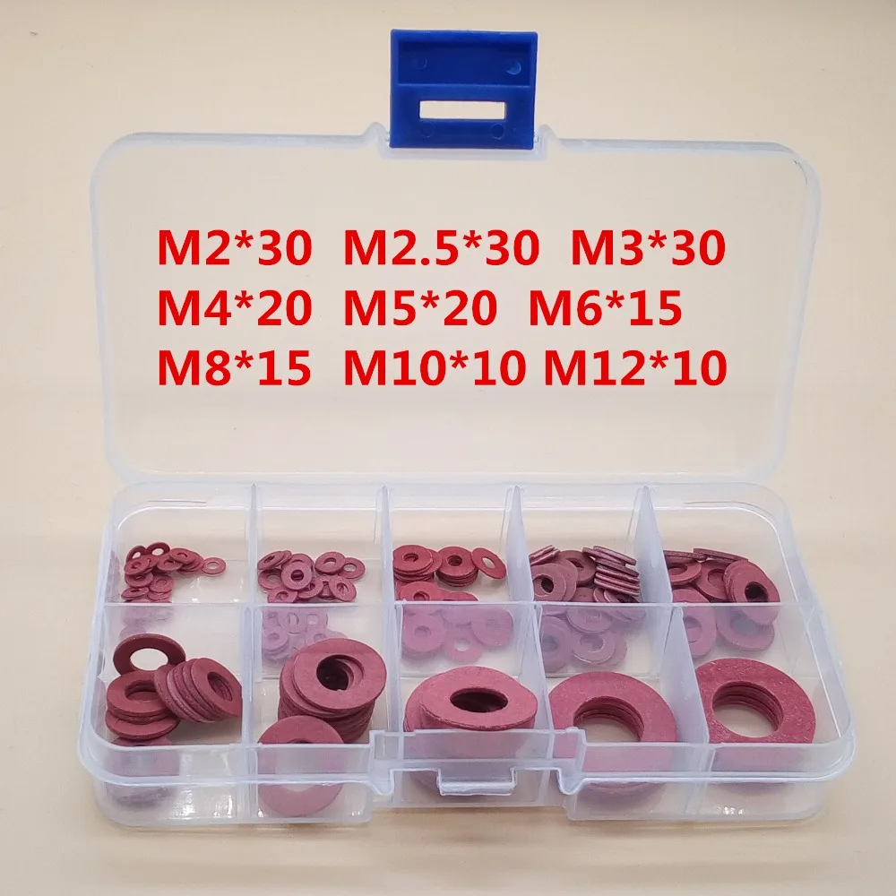 

180Pcs/Set M2 M2.5 M3 M4 M5 M6 M8 M10 M12 Steel Flat Pad Insulation Washer Red Paper Meson Gasket Spacer Insulating Spacers Kit
