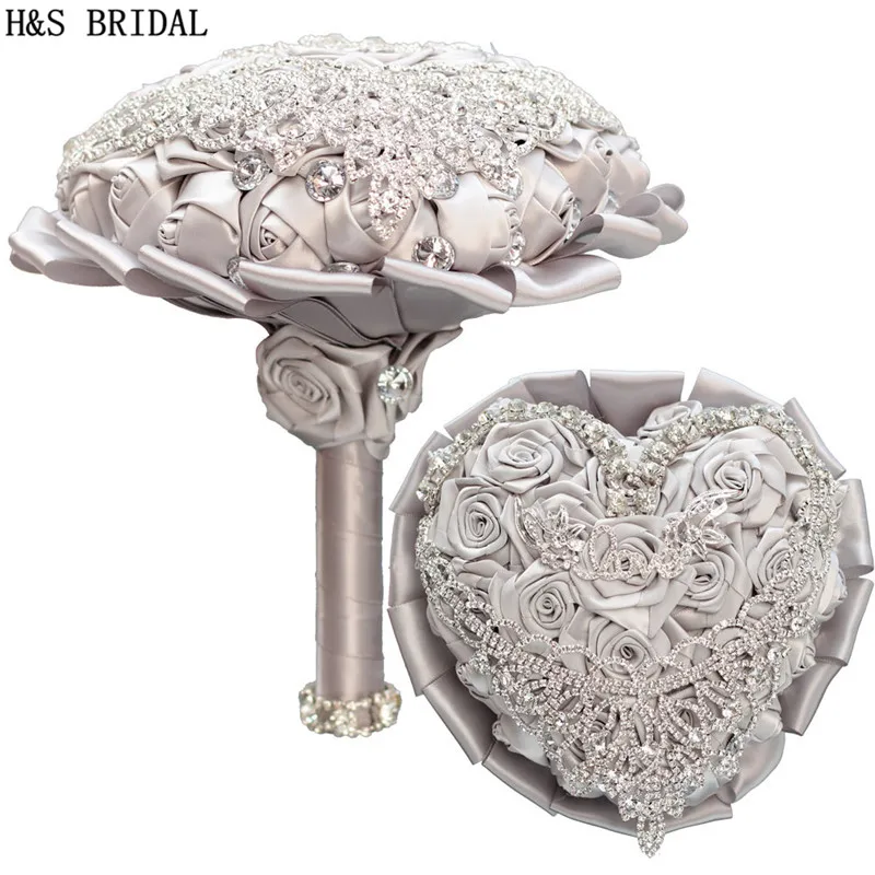 H&S BRIDAL Silver Heart shape Wedding Bouquet wedding accessories Bridal Bouquets Artificial Wedding Bouquets matrimonio