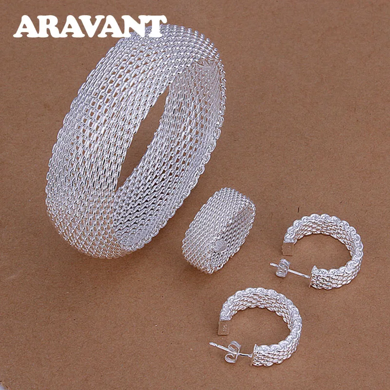 

New Fashion 925 Silver Jewelry Sets Round Weaved Web Bangles Rings Stud Earring For Women Wedding Jewelry Gifts