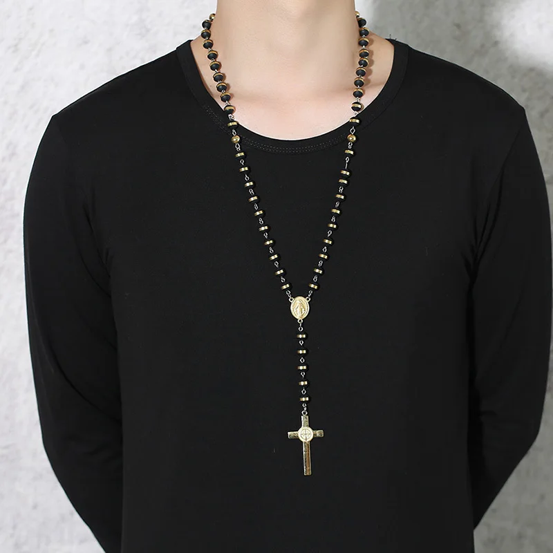 Vnox Black Gold Color Beads Long Rosary Necklace for Women Men Stainless Steel St Benedict Cross Pendant Sweater Chain Unisex