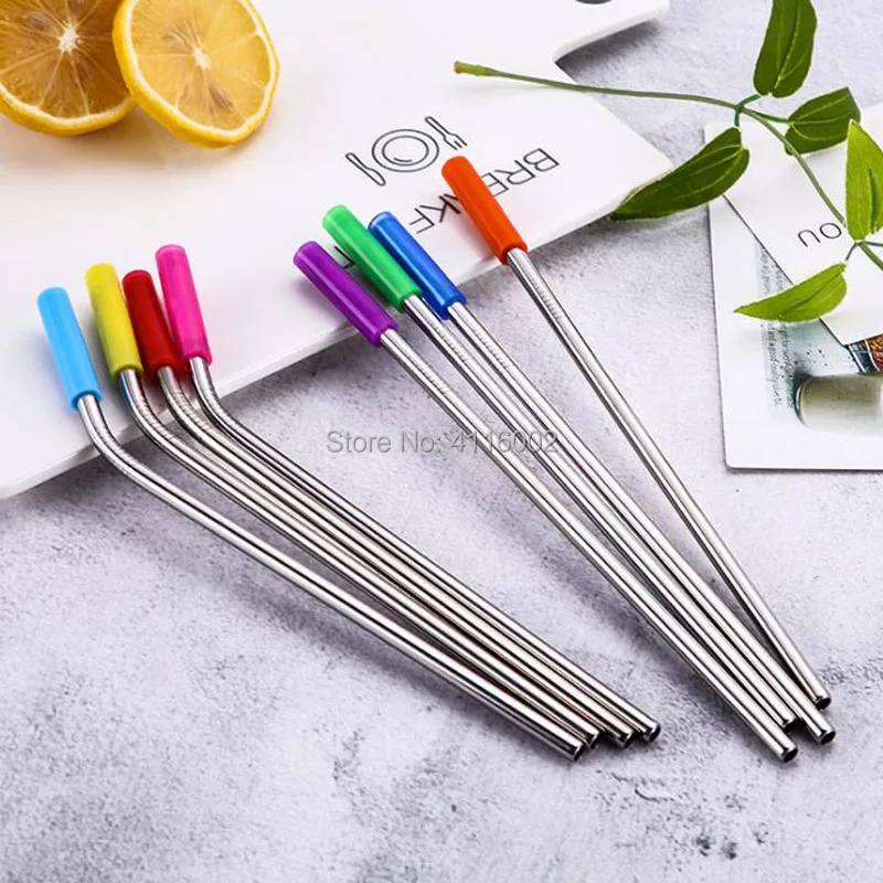 200pcs Reusable Stainless Steel Long Straws with Silicone Sleeve Tip Straight Bent Drinking Straw Barware Tool