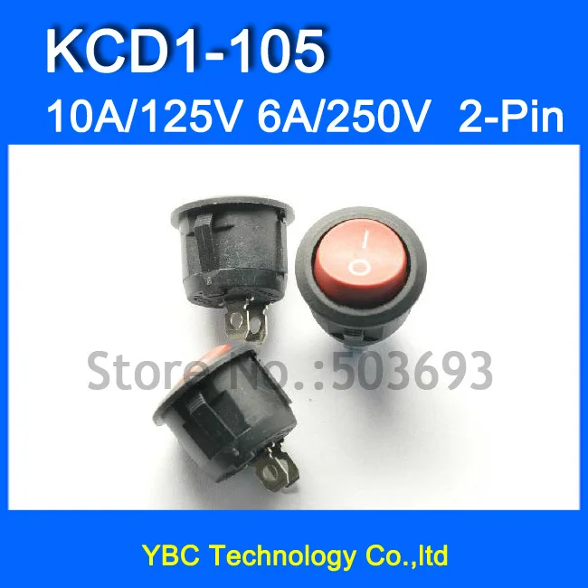 30pcs/lot Rocker Switch KCD1-105 Round On - Off Rocker Switches 10A/125V 6A/250V Red Button 2 Pin