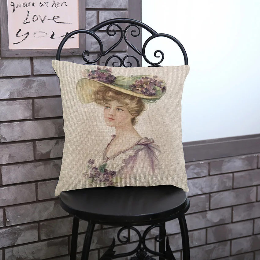 European Lady's Portrait in Hat Decorative Pillows For Home Car Chair Cushion Cover Fashionable Pillow Case Home Decor 45x45cm