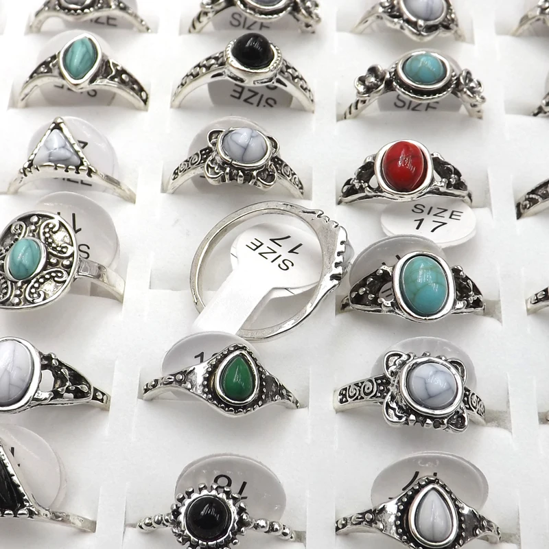 XiaoYaoTYM 50pcs Antique Silver Color Vintage Style Rings With Mixed Stones For Women