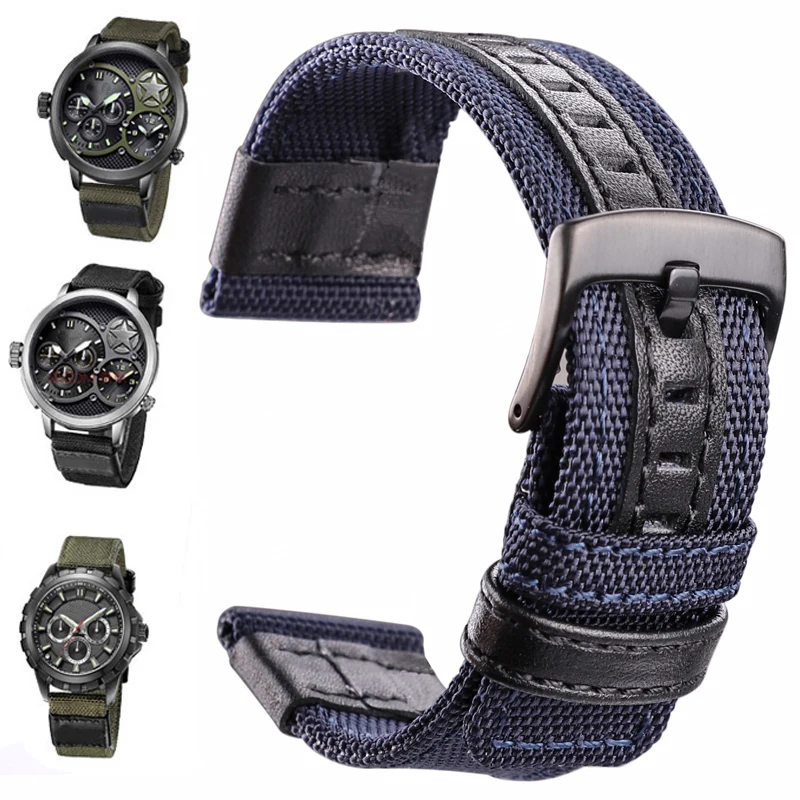 Nylon Watchband Men Sport Strap 20mm 22mm 24mm Black Green Coffee Watch Band Belt Stainless Steel Buckle Clasp Accessories