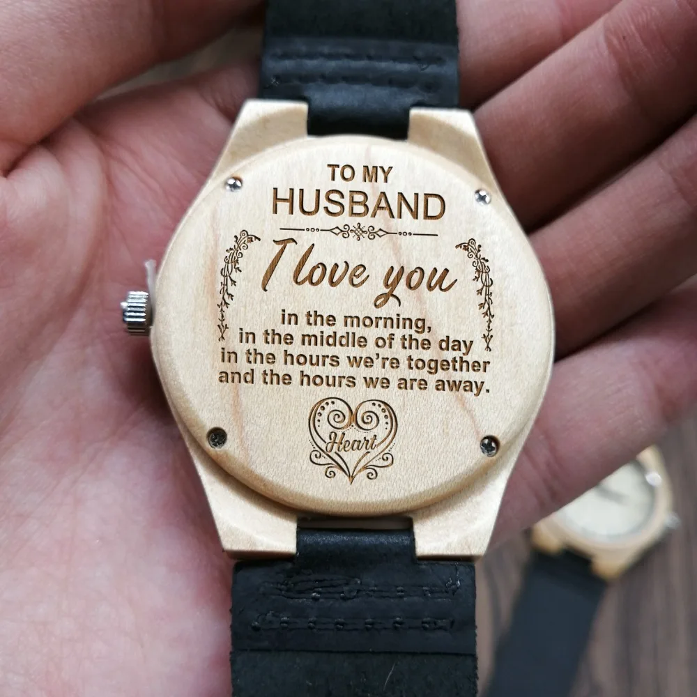 

Wife to Husband I Love You Morning Middle Day Hours Together Away Heart Engraved Zebra Wooden & Ebony Watch