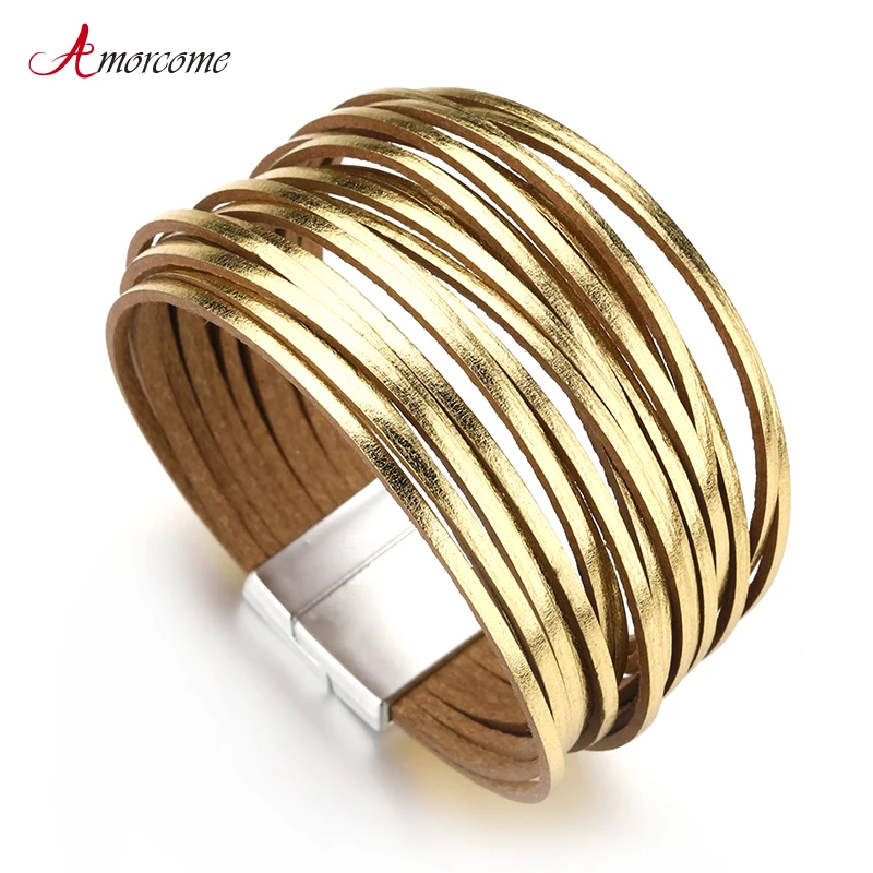 Amorcome Gold Color Leather Bracelets for Women Multilayers Wide Wrap Bracelets & Bangles Female Party Jewelry Gift