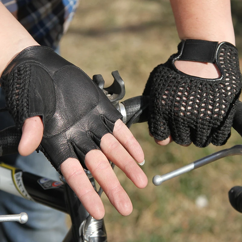 Gants en cuir véritable pour hommes, demi-doigt, peau de mouton, à la mode, tricoté, respirant, pour conduite, TB06