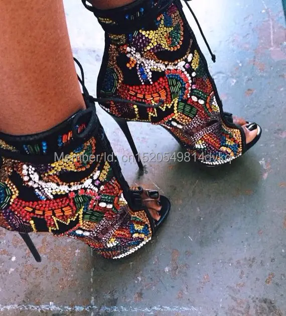 Fashion Crystal Covered Comic Open Toe Booties Lace Up High Heels Summer Sandals Boots Multicolor Diamond Sexy Ladies Stiletto