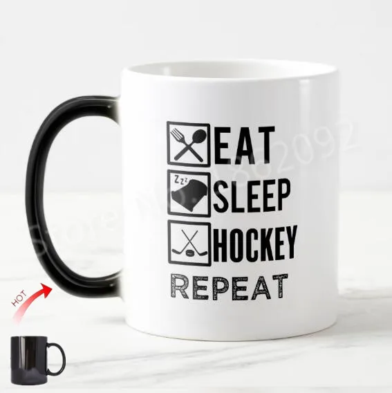 Funny Eat Sleep Hockey Repeat Mug Cup Color Change Hockey Coffee Mugs Tea Cups Creative Humor Sports Dad Father Birthday Gifts