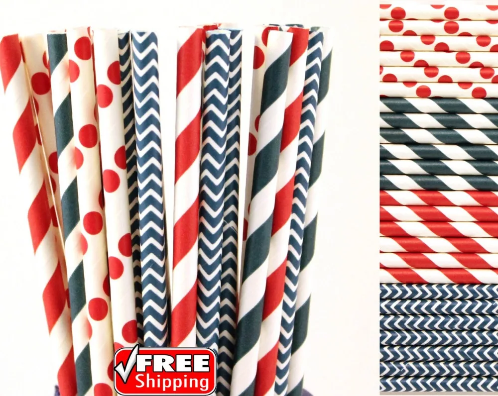 200 Pcs Mixed 4 Designs Navy Blue and Red Themed Paper Straws-Polka Dot,Striped,Chevron Patriotic 4th of July Independence Day