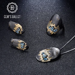 GEM'S BALLET Natural Swiss Blue Topaz Handmade Statement Jewelry Set 925 Sterling Silver Ring Earrings Pendant Sets For Women
