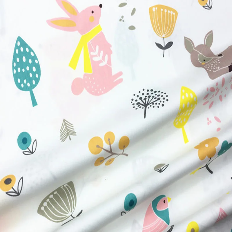 Adorable 50x160cm Forest Deer Rabbit & Geometric figure Printed 100% Cotton Fabric For DIY Sewing Quilting Decoration