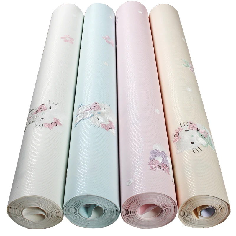 Children's Room Self-adhesive Wallpaper Roll 3D Embossed Cartoon Cat Cute Wall Sticker Baby Girls Bedroom Backdrop Home Decor