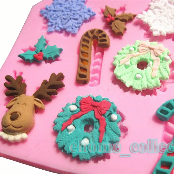 3D Christmas Snow Flake Candy Cane Reindeer Xmas Holly Leaf Shape Silicone Fondant Cake Chocolate Baking DIY Tools Kitchen Mold