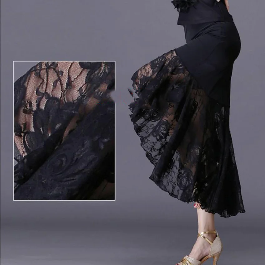 New Sexy Latin Dance Skirts Women Black Lace Skirt Irregular Fish Tail Skirt Long Ballroom Dance Dress