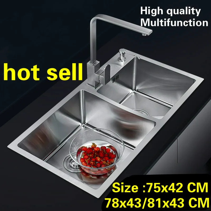 

Free shipping Standard kitchen manual sink double groove durable 304 food grade stainless steel hot sell 75x42/78x43/81x43 CM