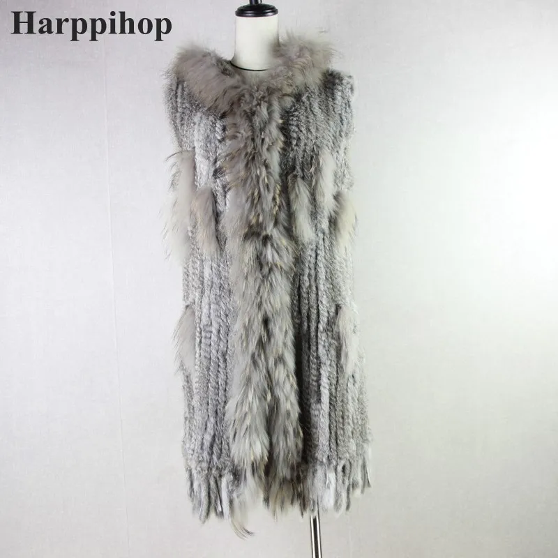 2021 Winter Women Leisure Fashion Warm Real Fur Vest Female Knitted Rabbit Fur Gilet Patchwork Raccoon Coat Long Outerwear Vests