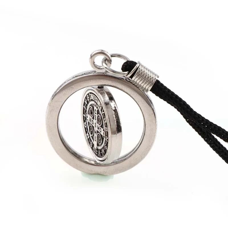 70cm Black Rope Round Rotatable Saint Benedict Medal Pendant Necklace with Silver and Yellow Gold Color Charms Necklace