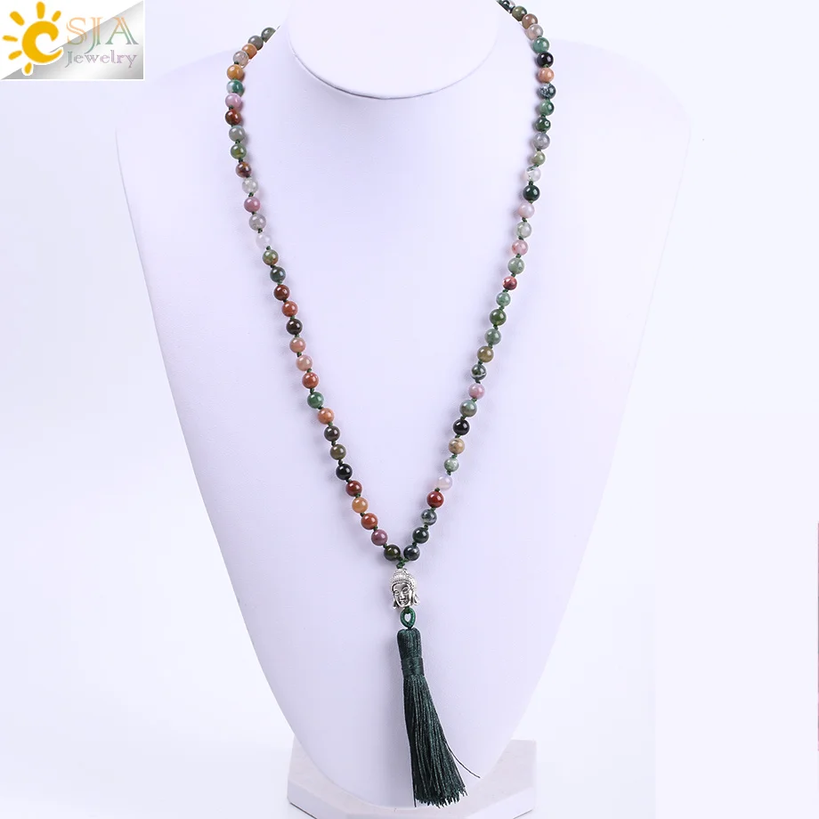 CSJA 6mm Natural Indian Agates Onyx Beads Mens Tassel Necklaces Stone Healing 108 Mala Prayer Beaded Reiki Buddhist Jewelry F170