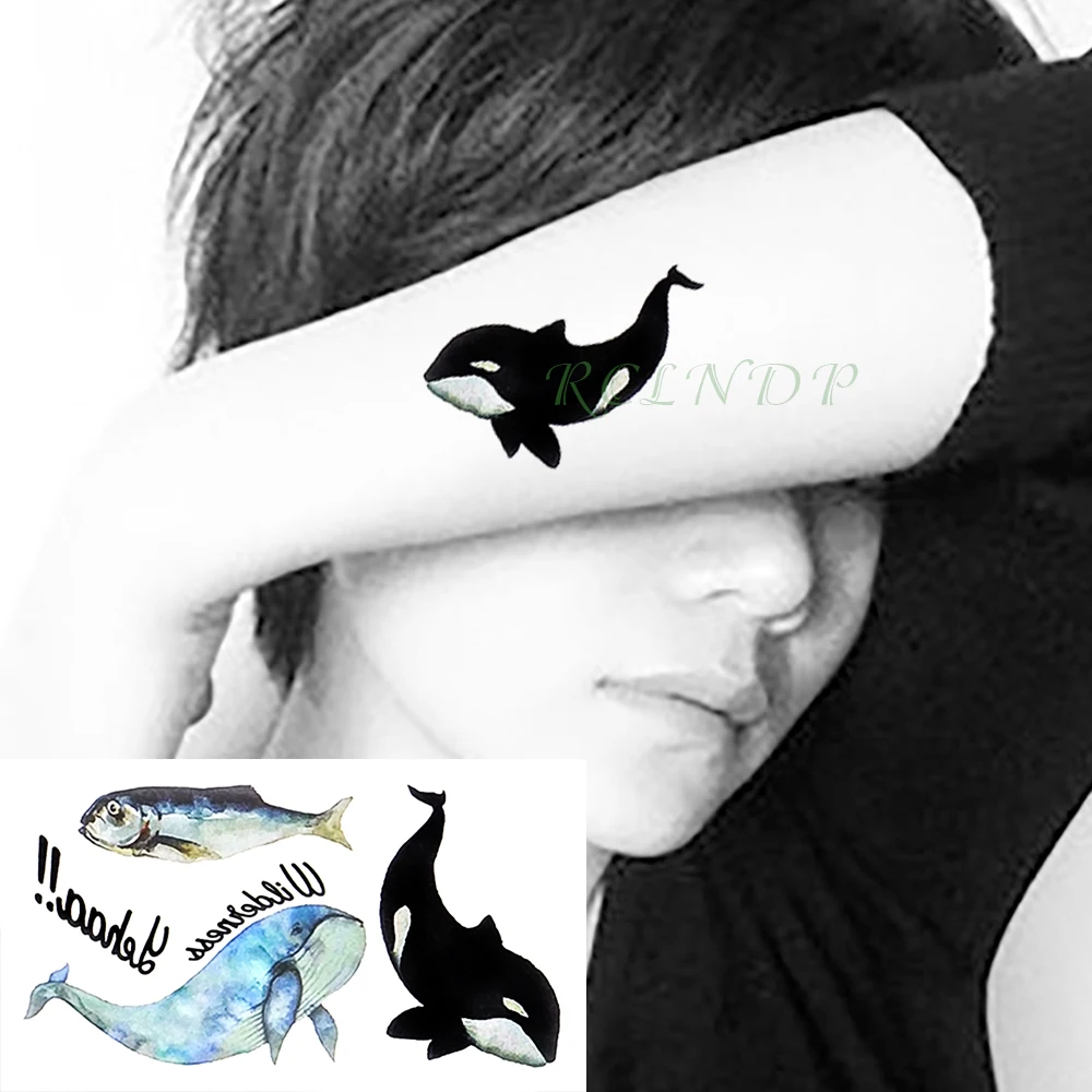 Waterproof Temporary Tattoo Stickers Blue Black Whale fake Tatto Flash Tatoo Tatouage Body Art Hand Back Foot for Girl Women Men