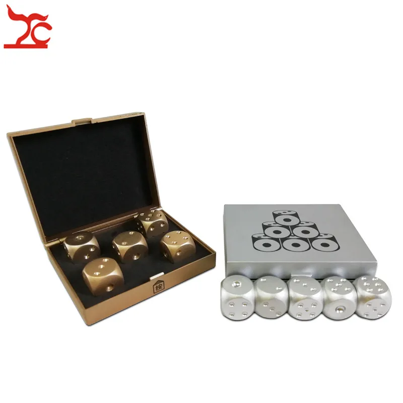 5 Pcs/lot Golden Color Solid Dominoes Metal Dice Aluminium Alloy Poker Game Portable Dice Poker With Box Party High Quality