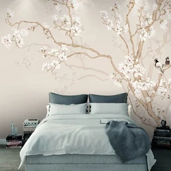 Papel de parede mural personalizado para Home Decor, pintado à mão Magnolia Flower Bird, Modern Bird, Bedroom Photo