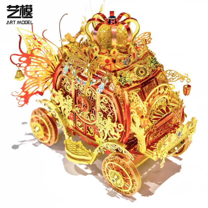 MU 3D Metal Puzzle Red Rincess Carriage model DIY 3D Laser Cut Assemble Jigsaw Toys with Voice control light GIFT For children