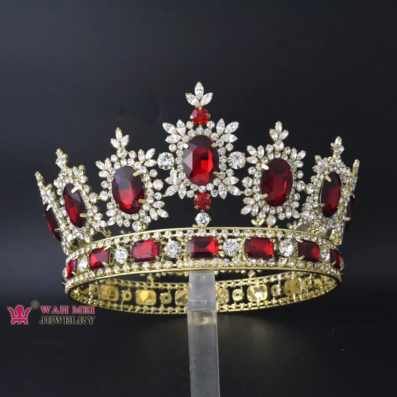 Full Crown Large Round Crown For Women Red Colour Clear White Fashion Hairwear Tiaras Pageant Contest Winner Crown Mo042