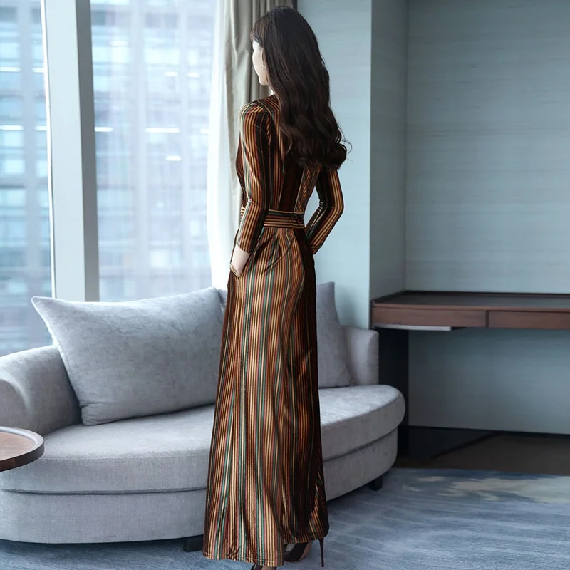 Velour Elegant Jumpsuits สำหรับผู้หญิง 2019 ฤดูใบไม้ร่วงสูงเอวกว้างขากางเกงสำนักงานทำงานเลดี้ Overalls เรียบง่าย Jumpsuit DD2018