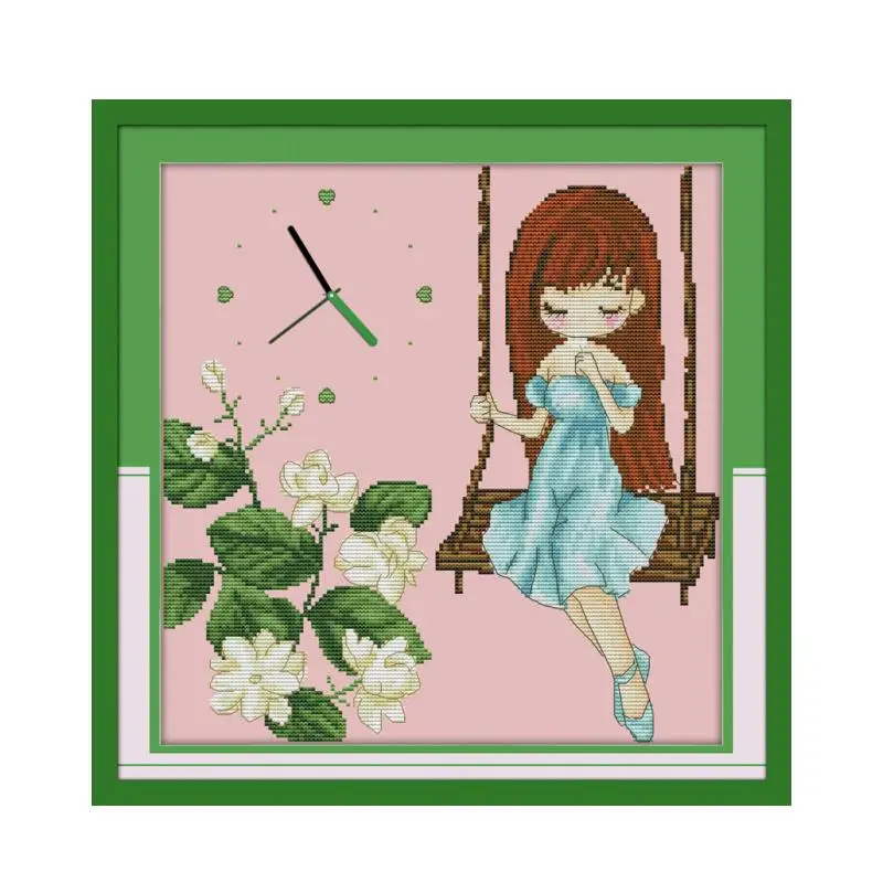 Kit de punto de cruz de punto bordado Manual cálido, accesorios de decoración de muebles, pegatina de pared, reloj de pared, Pink Jasmine Girl Swing