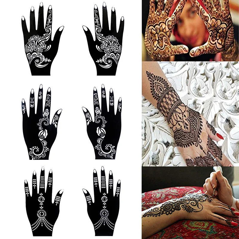 

6pcs/Set Mehndi Black Henna Tattoo Temporary Templates Glitter Airbrush Tattoo Stencil for Hand Finger Body Painting