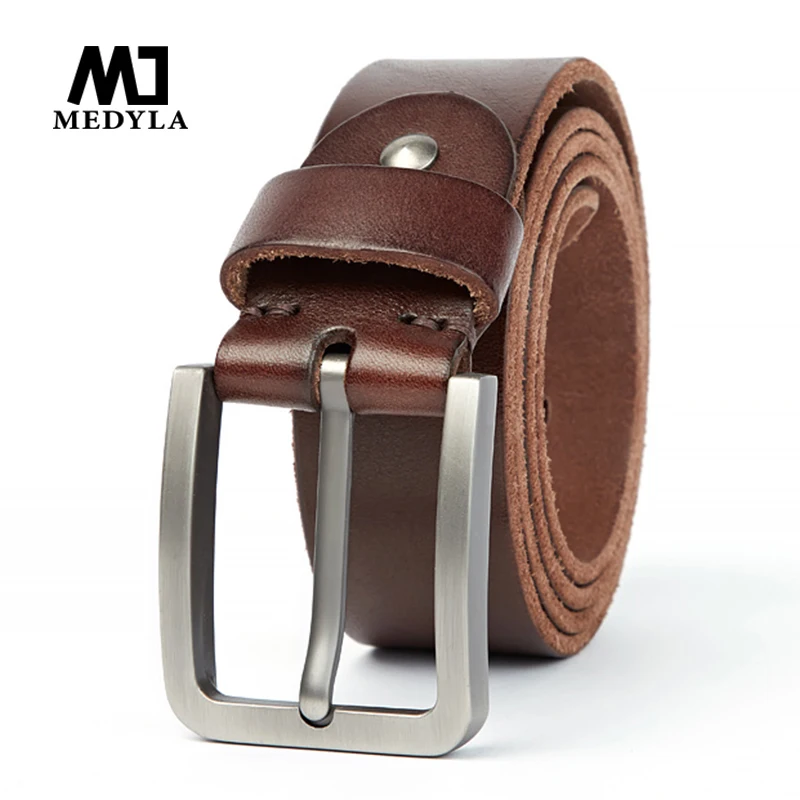 MEDYLA Natural Leather Male Belt Quality Material Sturdy Steel Buckle Original Leather Belt Suitable for Jeans Casual Pants