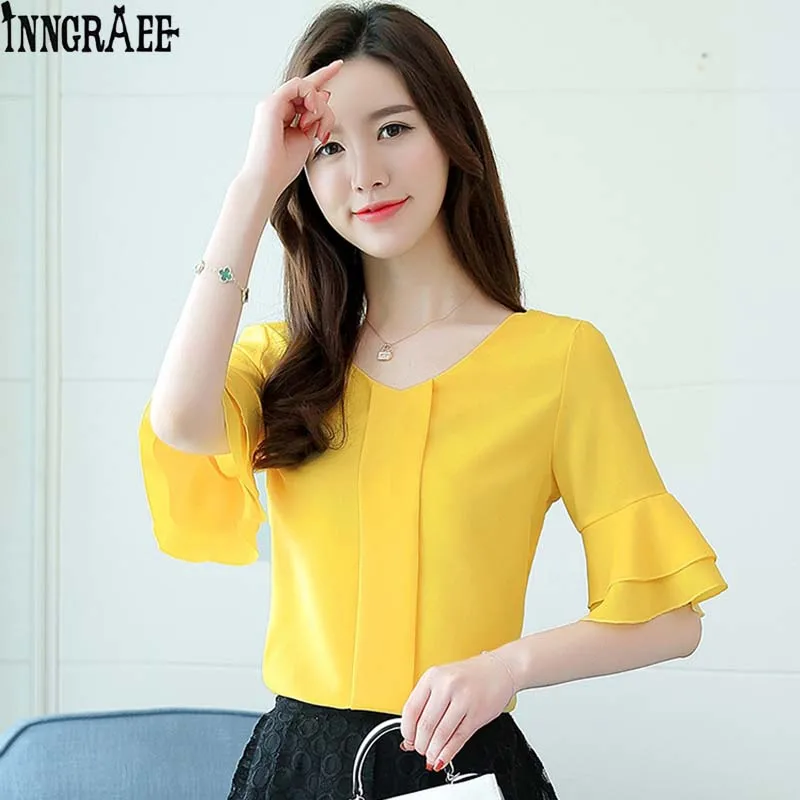 2018 Womens Blouses Summer Flare Sleeve Chiffon Blouse Shirt Women Tops Ladies Work Wear Office Blusa Feminina Shirts NS3929