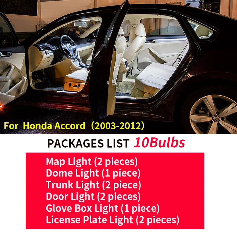 IKVVT 10 adet araba aksesuarları LED lamba araba ampülleri İç paketi kiti için 2003-2012 Honda Accord harita Dome kapı plaka işık