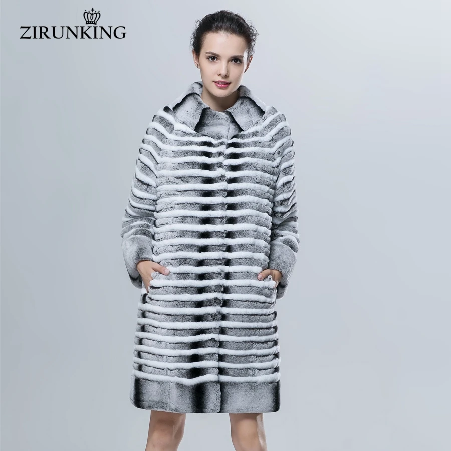 ZIRUNKING Natural Real Rex Rabbit Fur Coat With linning Medium Warm Female Knitted Stripe Lady Luxurious Women Fur Coat ZC219K