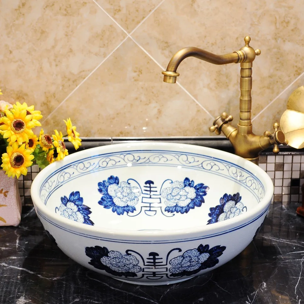 

Blue and white Jingdezhen ceramic sink wash basin Ceramic Counter Top Wash Basin Bathroom Sinks hotel sink