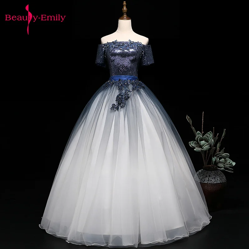 Beauty Emily Hot Off The Shoulder Wedding Dresses Short Sleeve Party Sequins Applique Open Back Ribbon Stage show Prom Gown