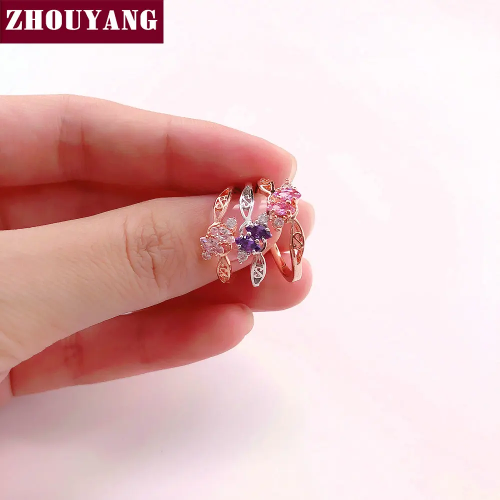 ZHOUYANG Ring For Women Elegant Style 3 Color CZ Crystal Hollow Out Rose Gold Color Engagement Fashion Jewelry R671 R777